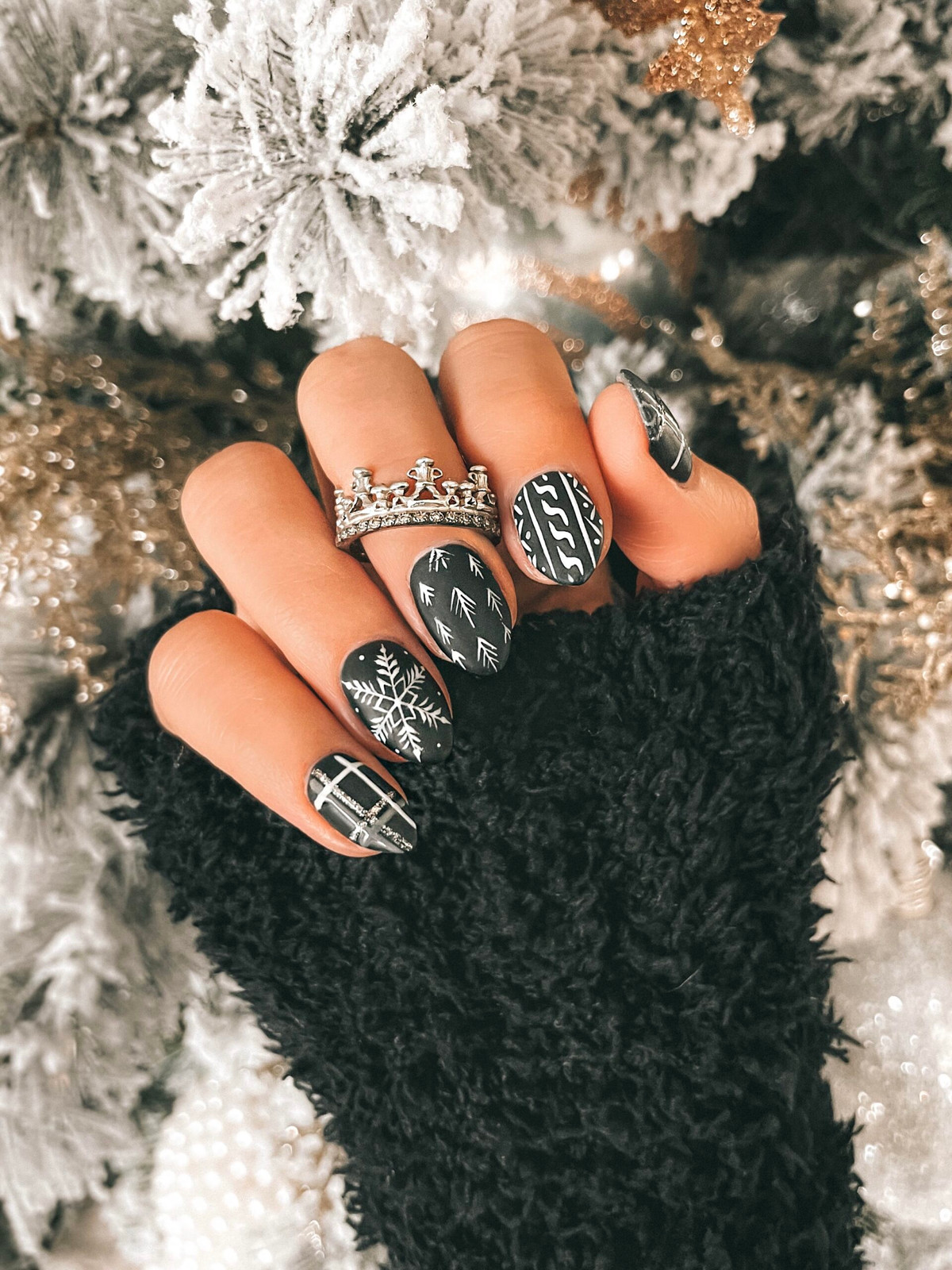Matte Black Snowflake and Tree Almonds Matte Black Snowflake and Tree Almonds — Christmas Nail Art 2026