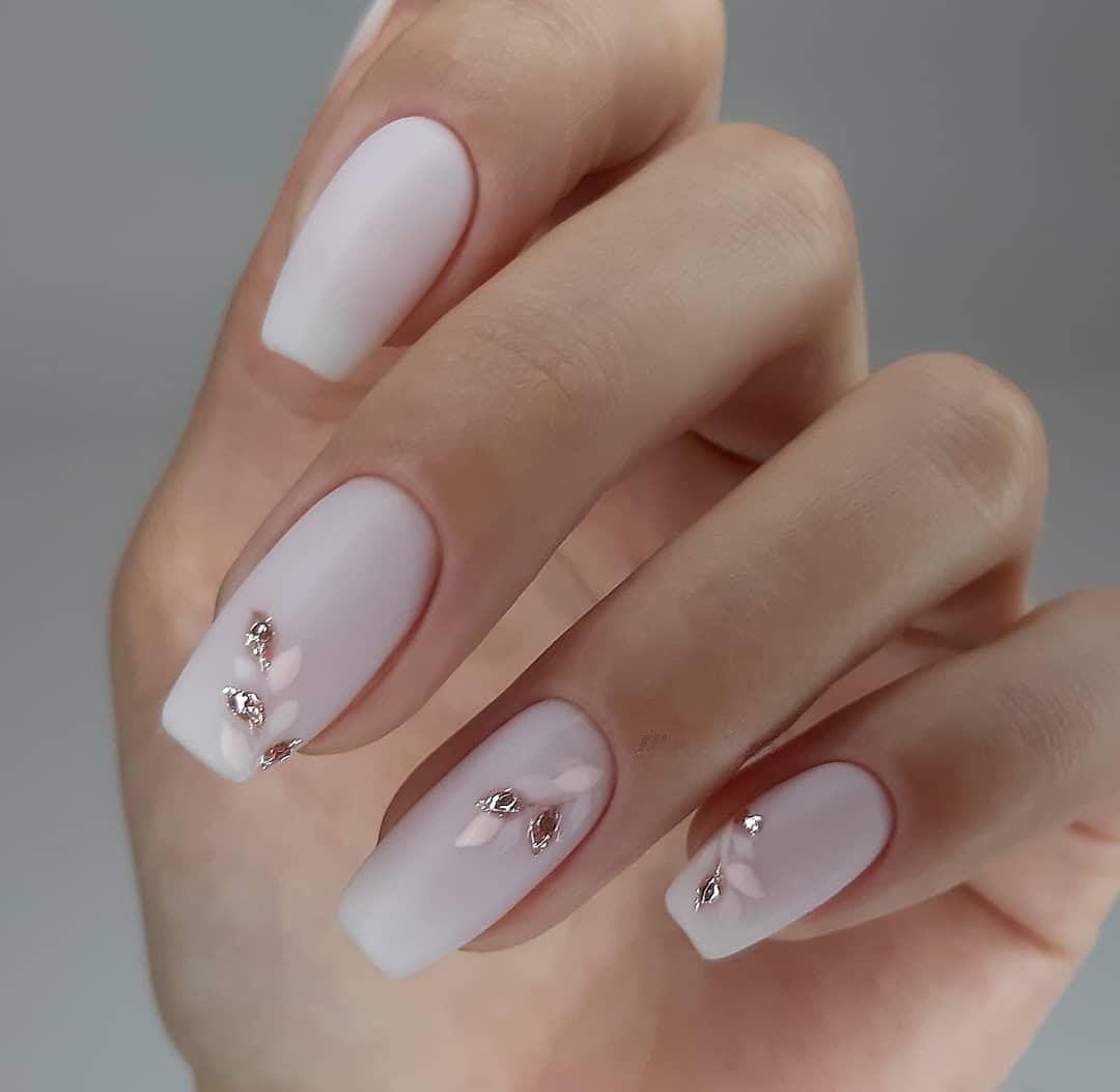 Matte Milky White Leaf Decal Nails Matte Milky White Leaf Decal Nails — Anniversary Nails 2027