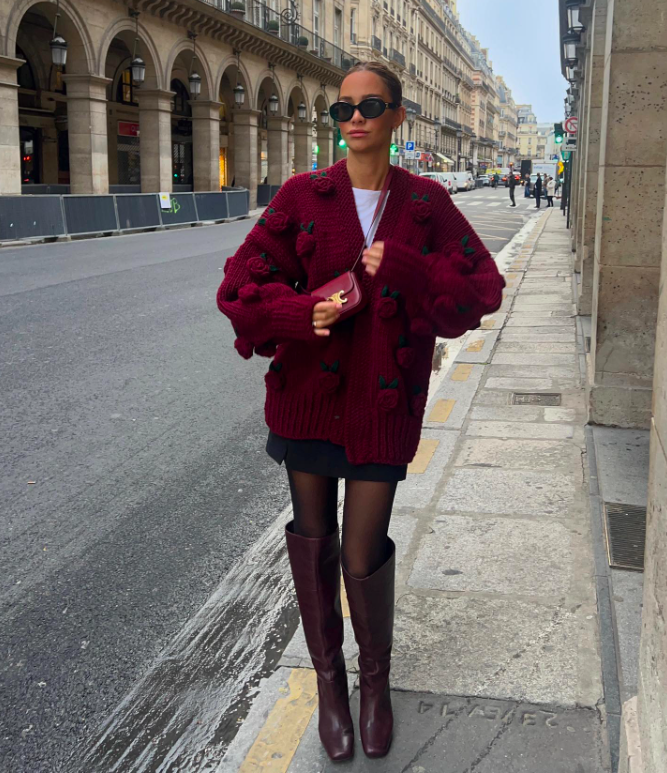 Cozy Burgundy Oversized Knit Cardigan with Rose Details — Burgundy Outfits 2027