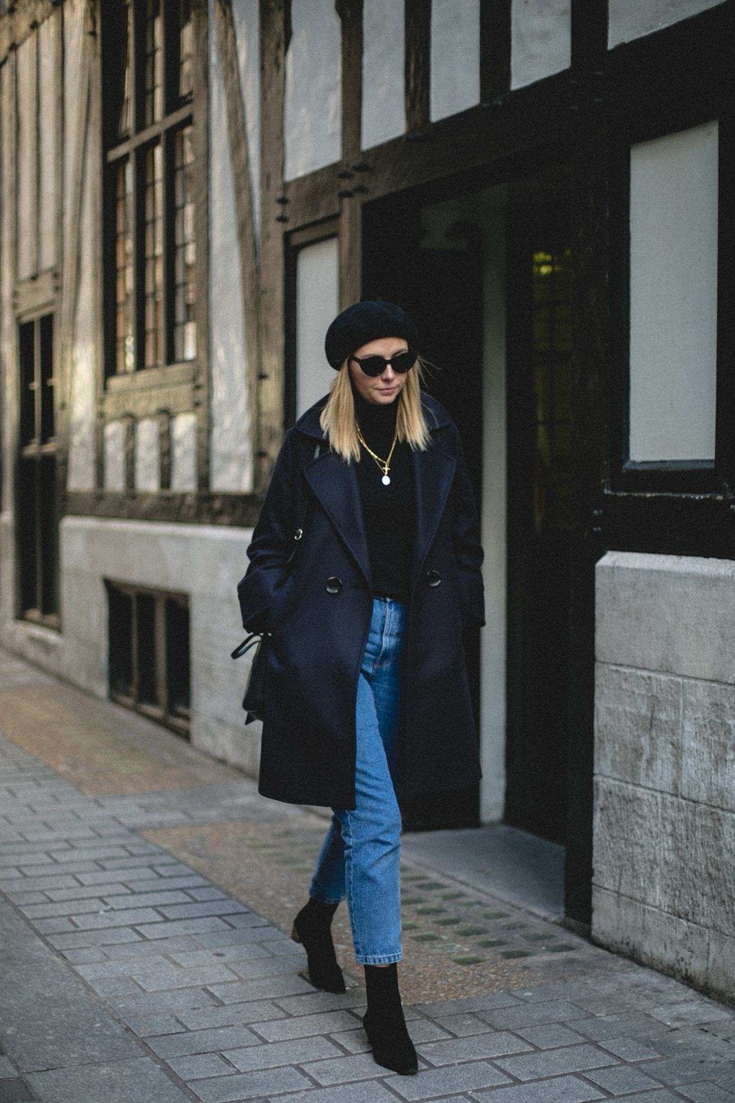 City Chic: Navy Coat, Beret, and Cat Eye Sunglasses — Cat Eye Sunglasses Outfits 2027