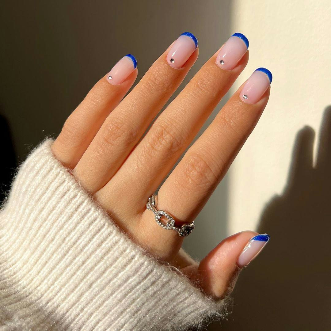 Bright Blue Micro French with Rhinestones Bright Blue Micro French with Rhinestones — Colored Micro French Nails 2027