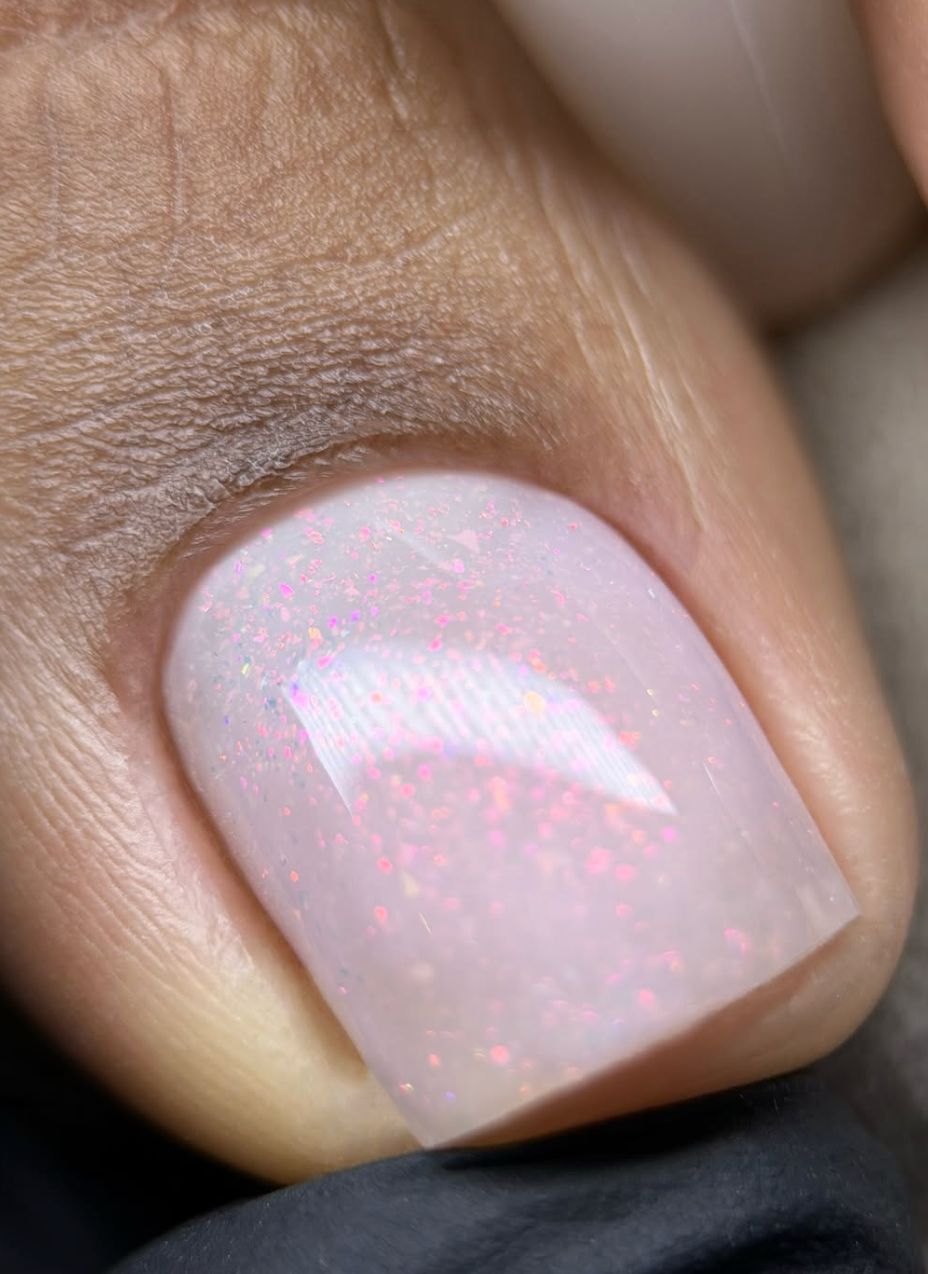 Milky White with Pink Glitter Glossy Short Square Milky White with Pink Glitter Glossy Short Square — Gel Pedicure Colors 2027