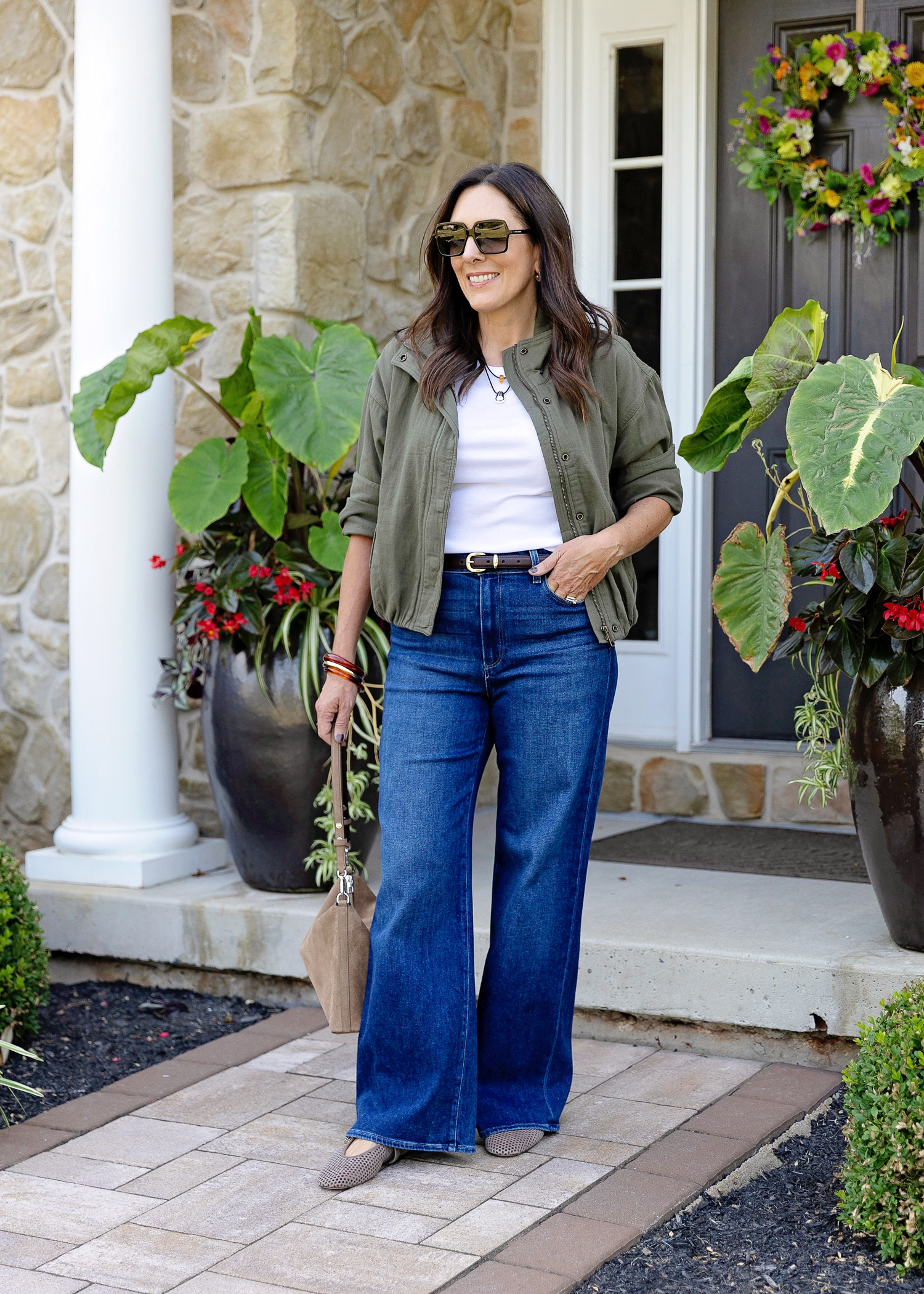 Effortless Casual: Wide Leg Jeans with Olive Green Jacket and Flats — Wide Leg Jeans 2027