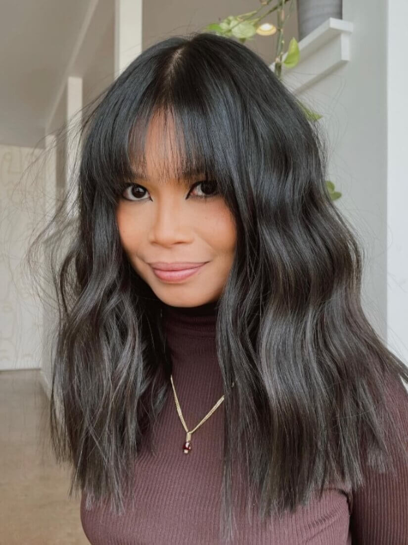 Full Thick Bangs on Wavy Dark Hair Full Thick Bangs on Wavy Dark Hair — Bangs Trends 2027