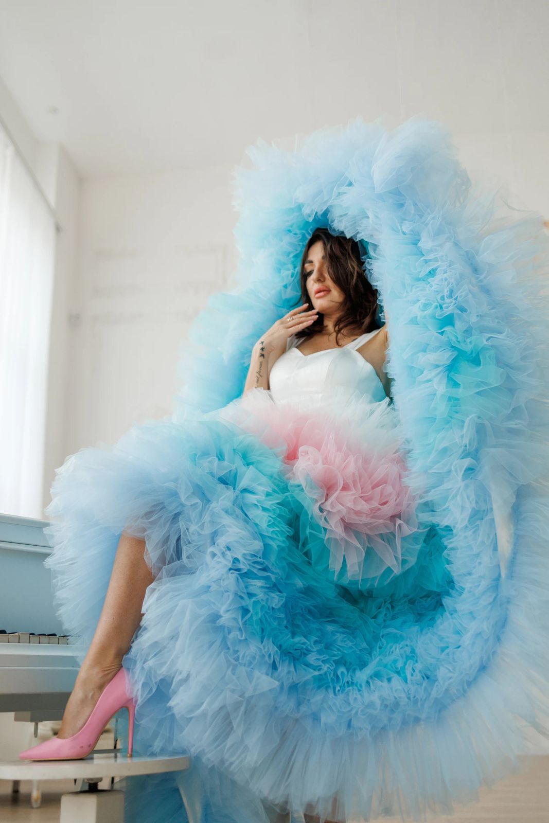 Voluminous Blue Tulle Gown with Pink Accents — Colored Wedding Dresses 2027