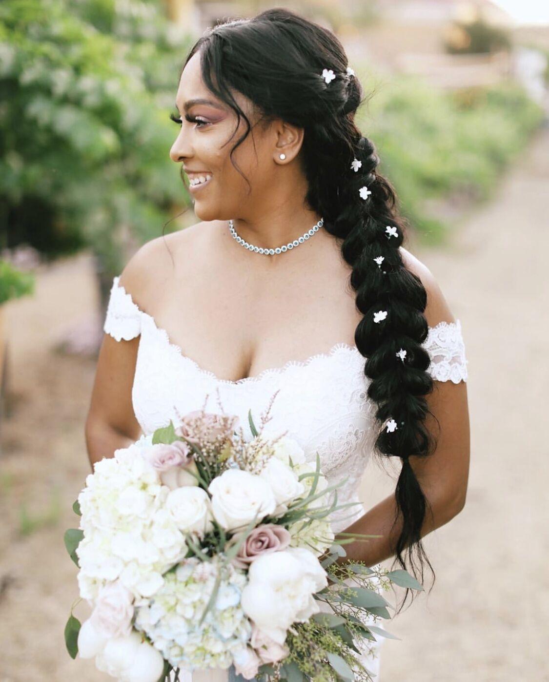 Thick Black Braid With Floral Accents — Beach Wedding Hair 2027