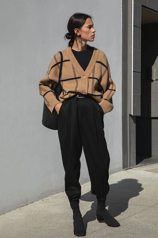Plaid Knit Cardigan with Pleated Trousers for Cozy WFH Plaid Knit Cardigan with Pleated Trousers for Cozy WFH — Zoom Outfits 2027