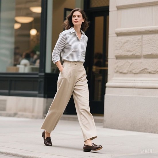 Striped Shirt and Wide-Leg Trousers with Brown Loafers Striped Shirt and Wide-Leg Trousers with Brown Loafers — Spring Outfits 2027 with Loafers