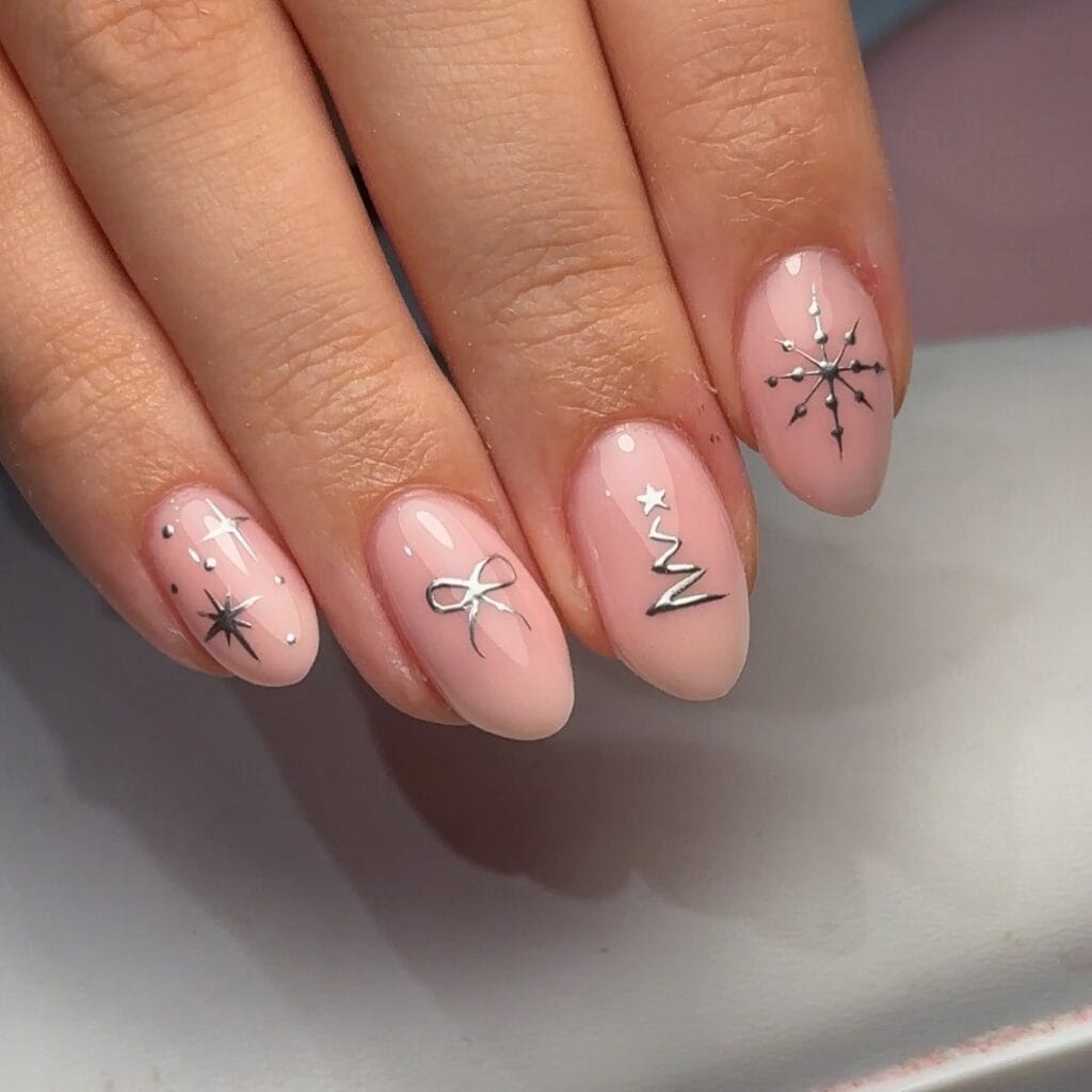 Pale Pink Silver Foil Accents Short Oval Nails Pale Pink Silver Foil Accents Short Oval Nails — Neutral Christmas Nails 2026