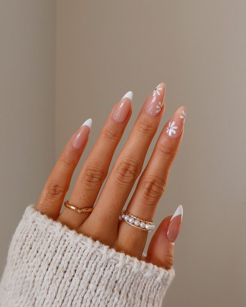 Long Almond Sheer Pink French With Floral Art Long Almond Sheer Pink French With Floral Art — Simple Graduation Nails 2027