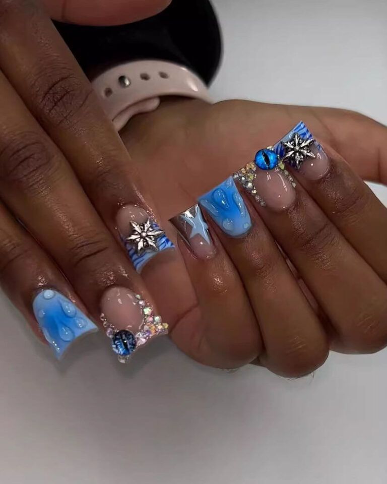 Close-Up Of One Hand Long Stiletto Pink Blue Marble Rhinestone Nails Close-Up Of One Hand Long Stiletto Pink Blue Marble Rhinestone Nails — Blue Duck Nails 2027