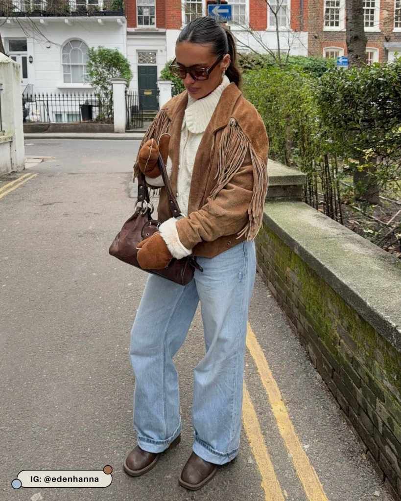 Cozy Layers: Brown Suede Fringe Jacket with Knit Sweater and Wide-Leg Jeans Cozy Layers: Brown Suede Fringe Jacket with Knit Sweater and Wide-Leg Jeans — Fringe Jacket Outfits 2027