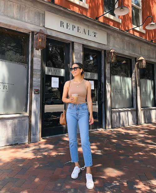 Casual Everyday: Tan Ribbed Tank with Light Blue Jeans and White Sneakers — Tank Top Outfits 2027