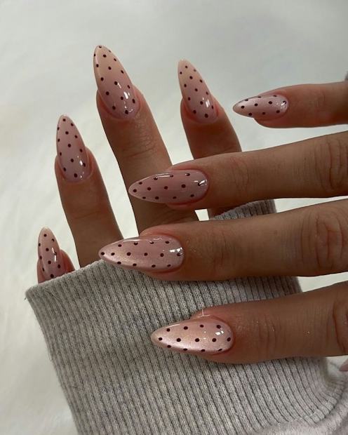 Long Almond Sheer Nude with Dark Brown Dots Long Almond Sheer Nude with Dark Brown Dots — Polka Dot Nails 2027