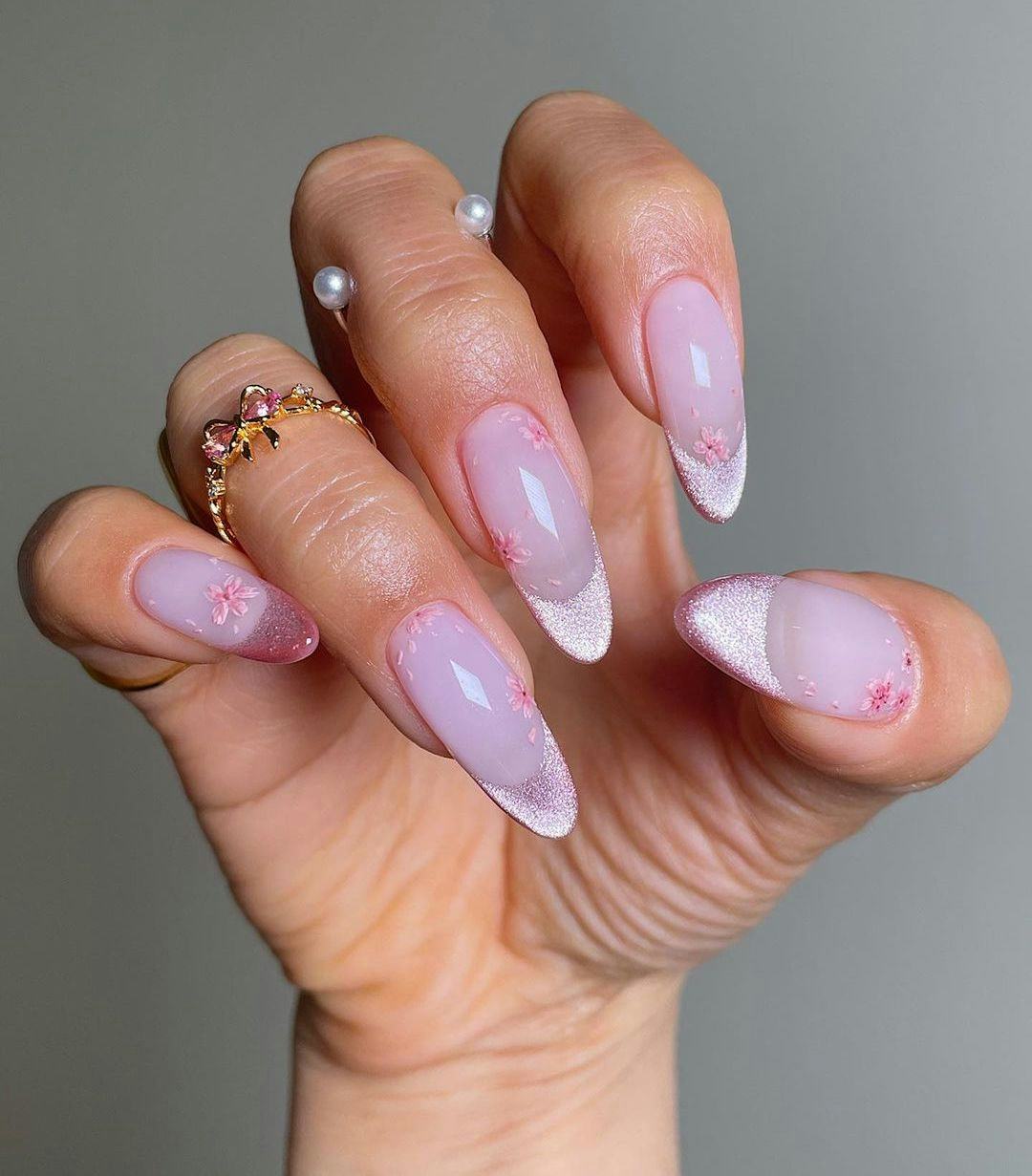 Glitter Pink Floral French Tips Glitter Pink Floral French Tips — Easter French Tip Nails 2027