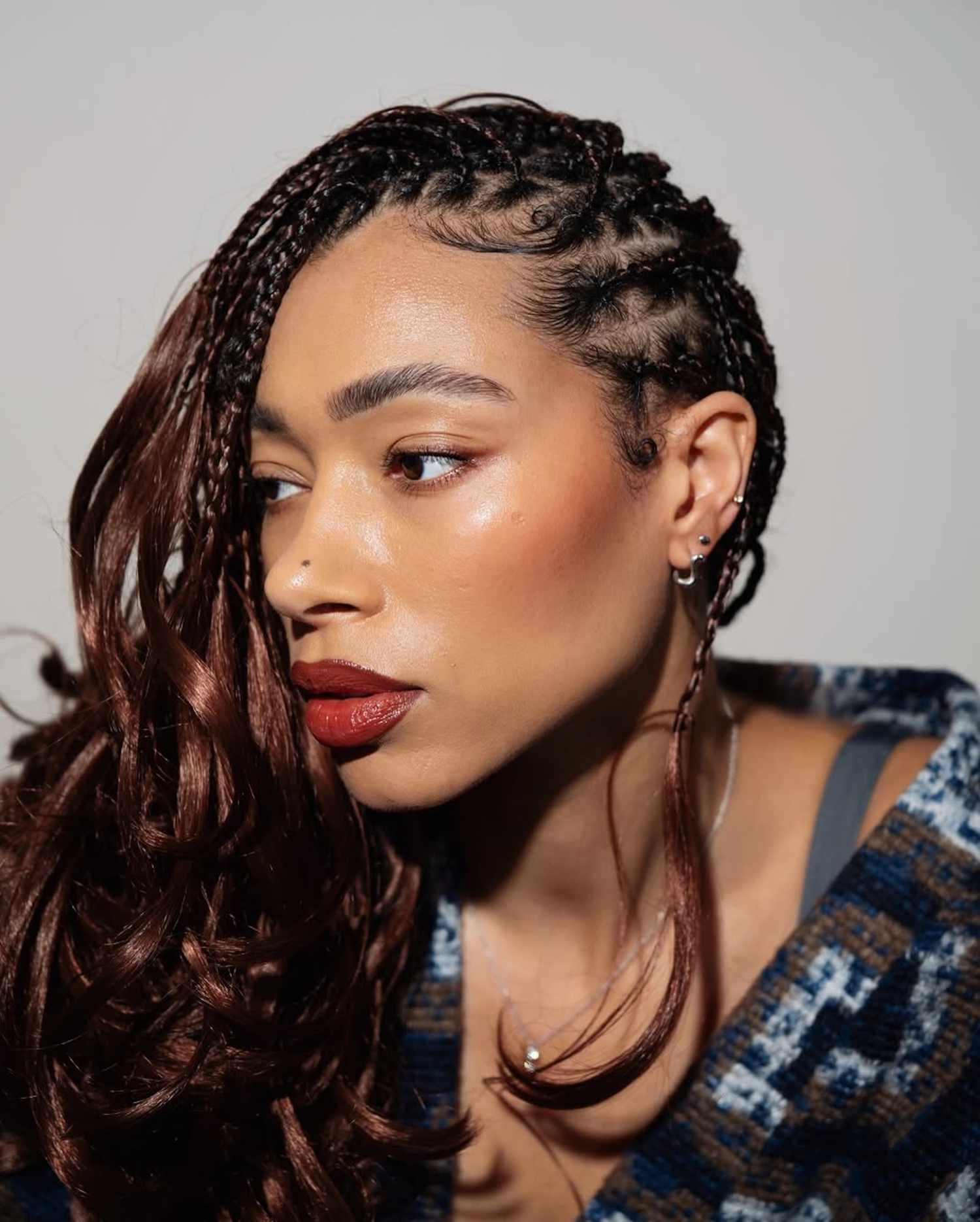 Side View Warm Brown Braids With Wavy Ends — Long Knotless Braids 2027