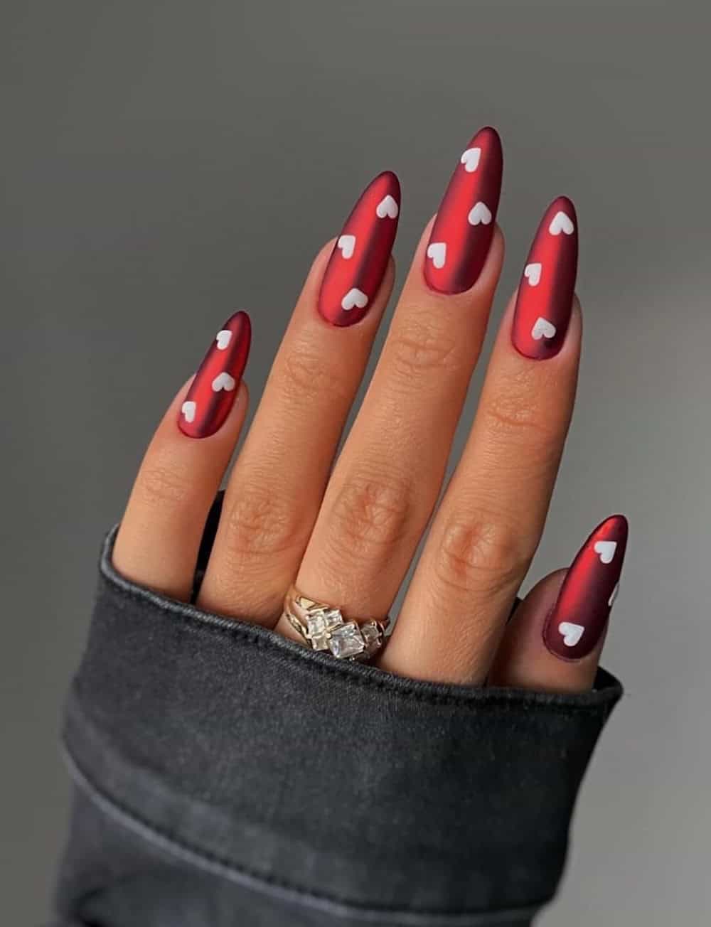Matte Red With White Heart Pattern Matte Red With White Heart Pattern — Red Valentines Nails 2027