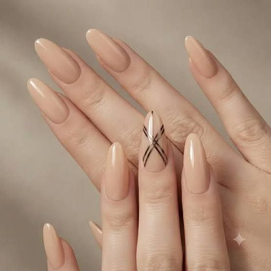 Medium Oval Beige Black Graphic Cross Medium Oval Beige Black Graphic Cross — Minimal Line Art Nails 2027