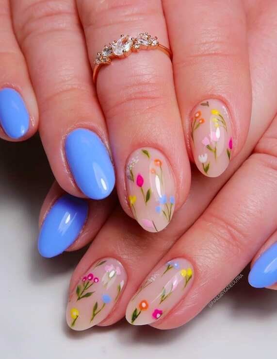 Sky Blue with Floral Accents Sky Blue with Floral Accents — Floral Round Nails 2027