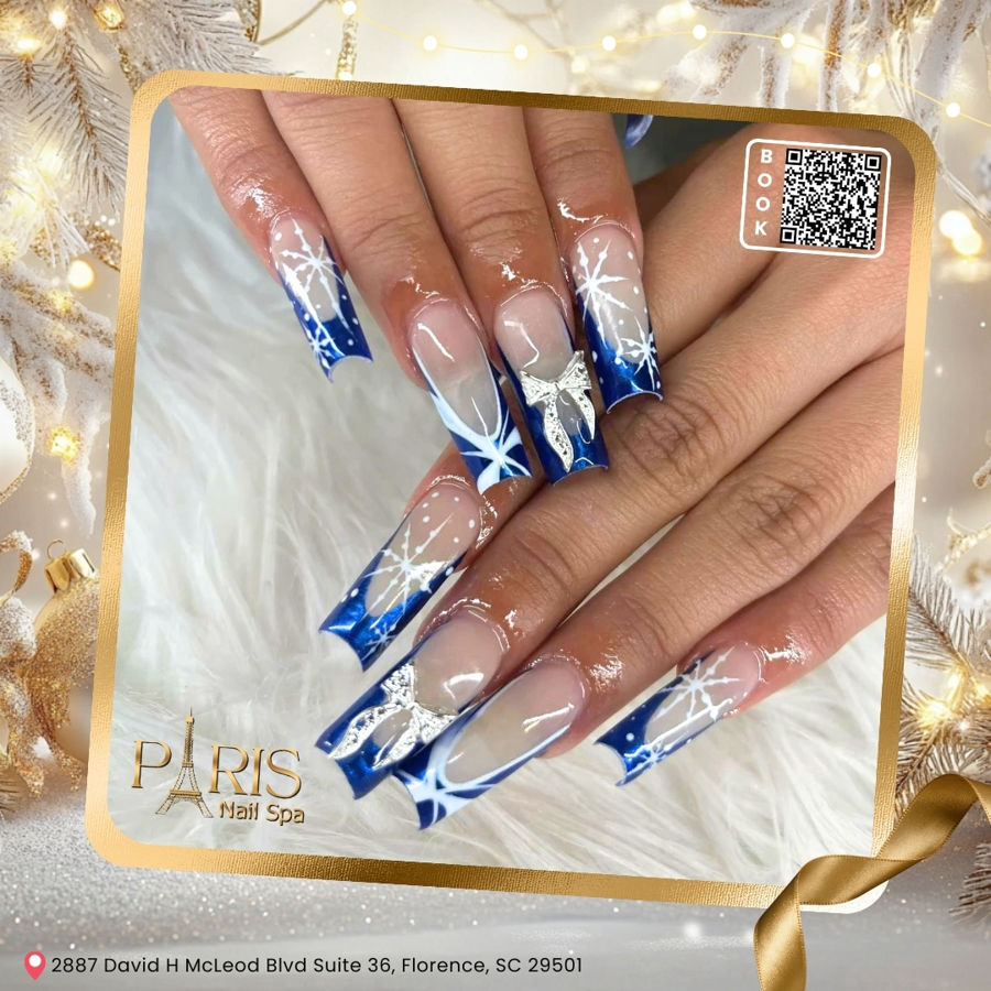 Deep Blue French Tips with Snowflakes and Bows Deep Blue French Tips with Snowflakes and Bows — Blue Christmas Nails 2026