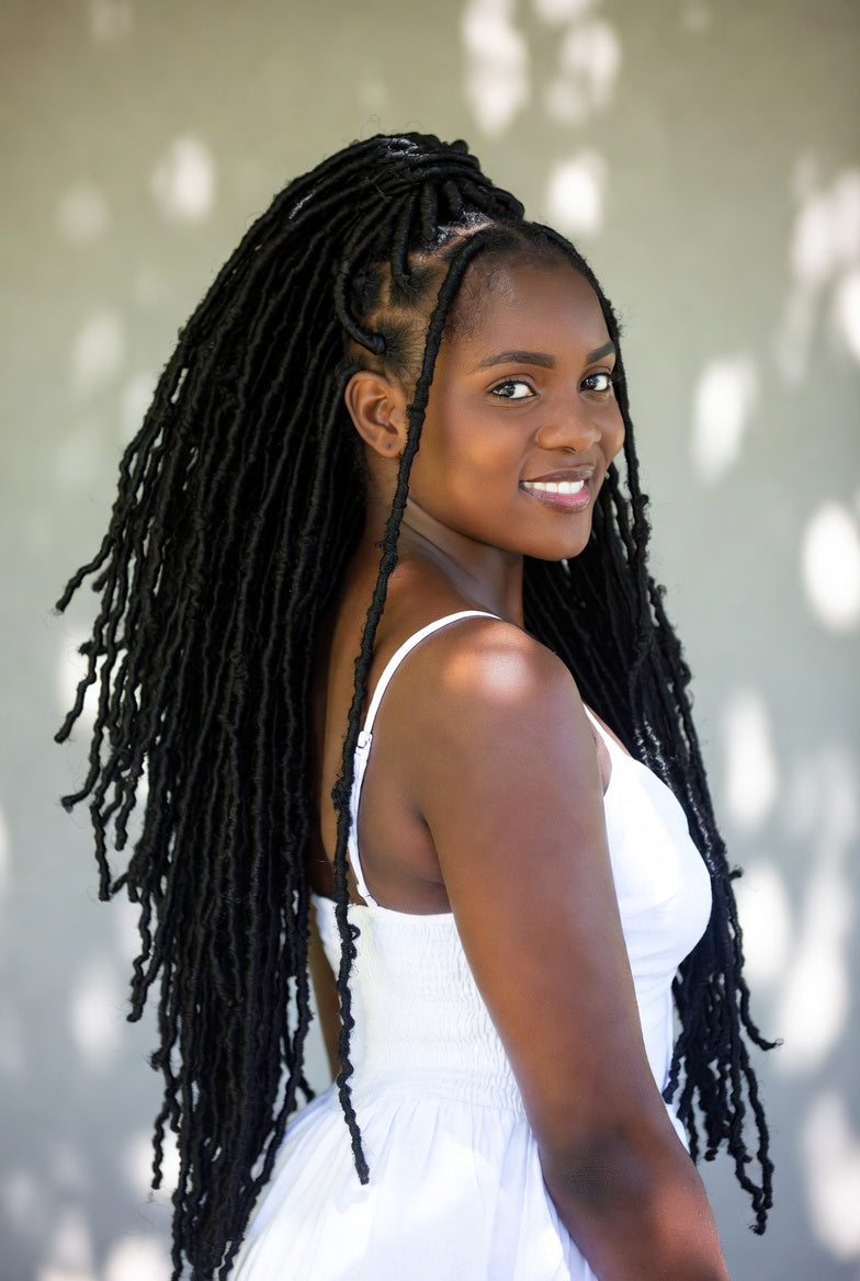 Shoulder Length Black Faux Locs Ponytail — Soft Locs 2027