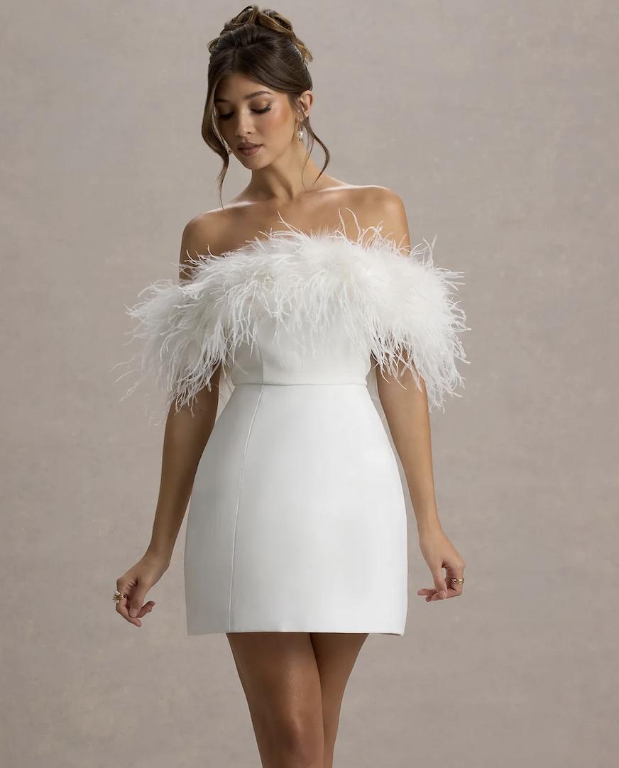 Elegant Bachelorette: Feather-Trimmed Mini Dress Elegant Bachelorette: Feather-Trimmed Mini Dress — Bride Bachelorette Outfits 2027