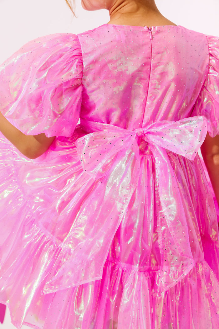 Pink Holographic Organza Dress with Puffy Sleeves and Tiered Skirt — Holographic Outfits 2027