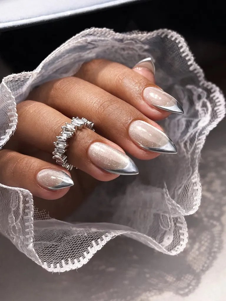Chrome Tips Subtle Glitter On Base Visual Idea Chrome Tips Subtle Glitter On Base Visual Idea — Chrome French Tip Nails 2027
