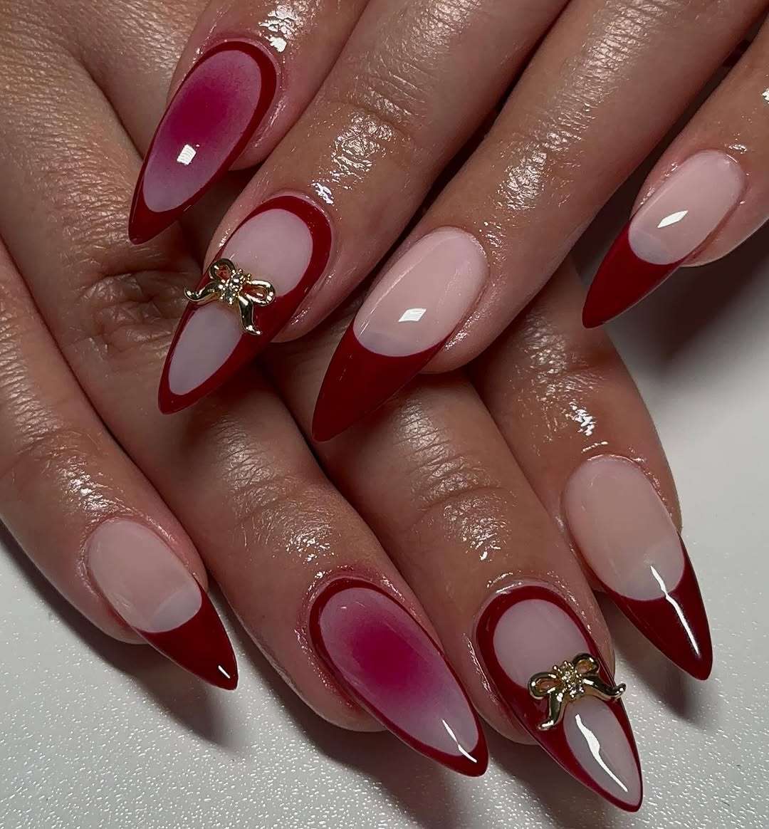 Ombre Red to Pink with Gold Bows Ombre Red to Pink with Gold Bows — Pink and Red Nails 2027