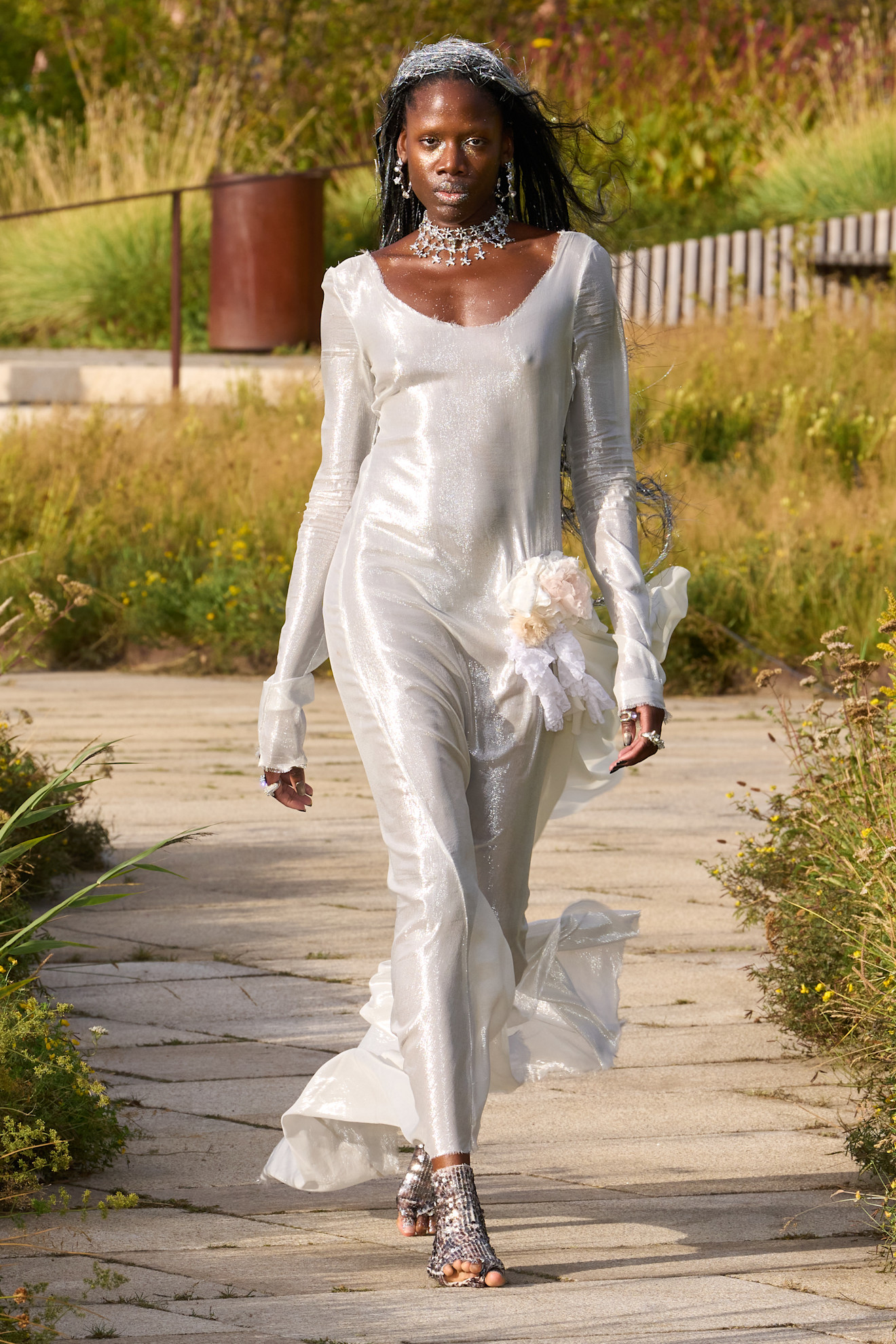 Runway Elegance: Sheer Metallic Gown with Embellishments — Metallic Outfits 2027