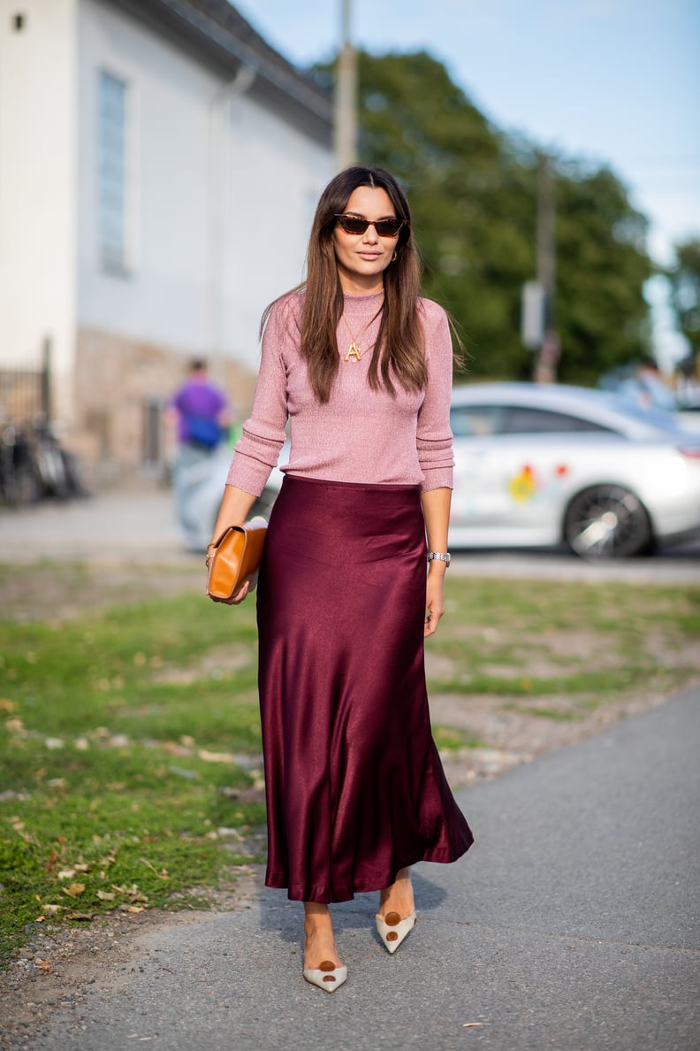 Daytime Event Burgundy Satin Midi Skirt with Sparkly Top — Burgundy Outfits 2027