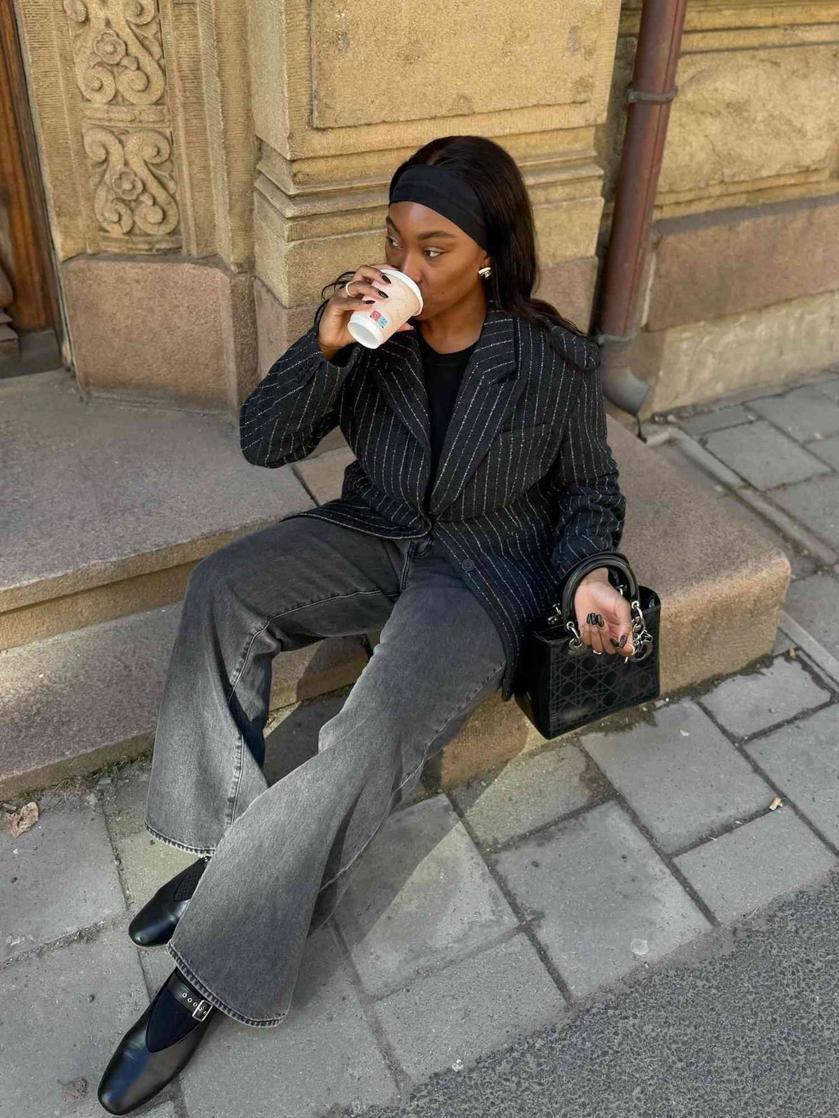 Black Bootcut Jeans with Pinstripe Blazer and Flats — Black Bootcut Jeans Outfits 2027