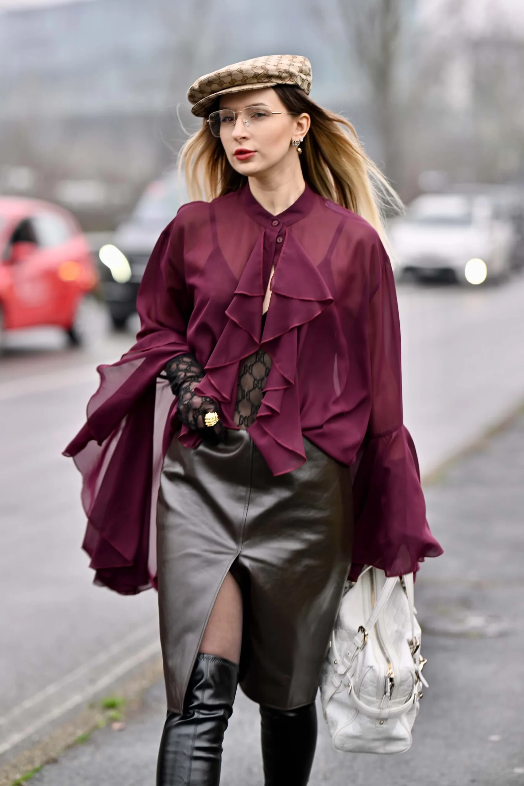 Ruffled Sheer Blouse with Leather Skirt Ruffled Sheer Blouse with Leather Skirt — Sheer Top Outfits 2027