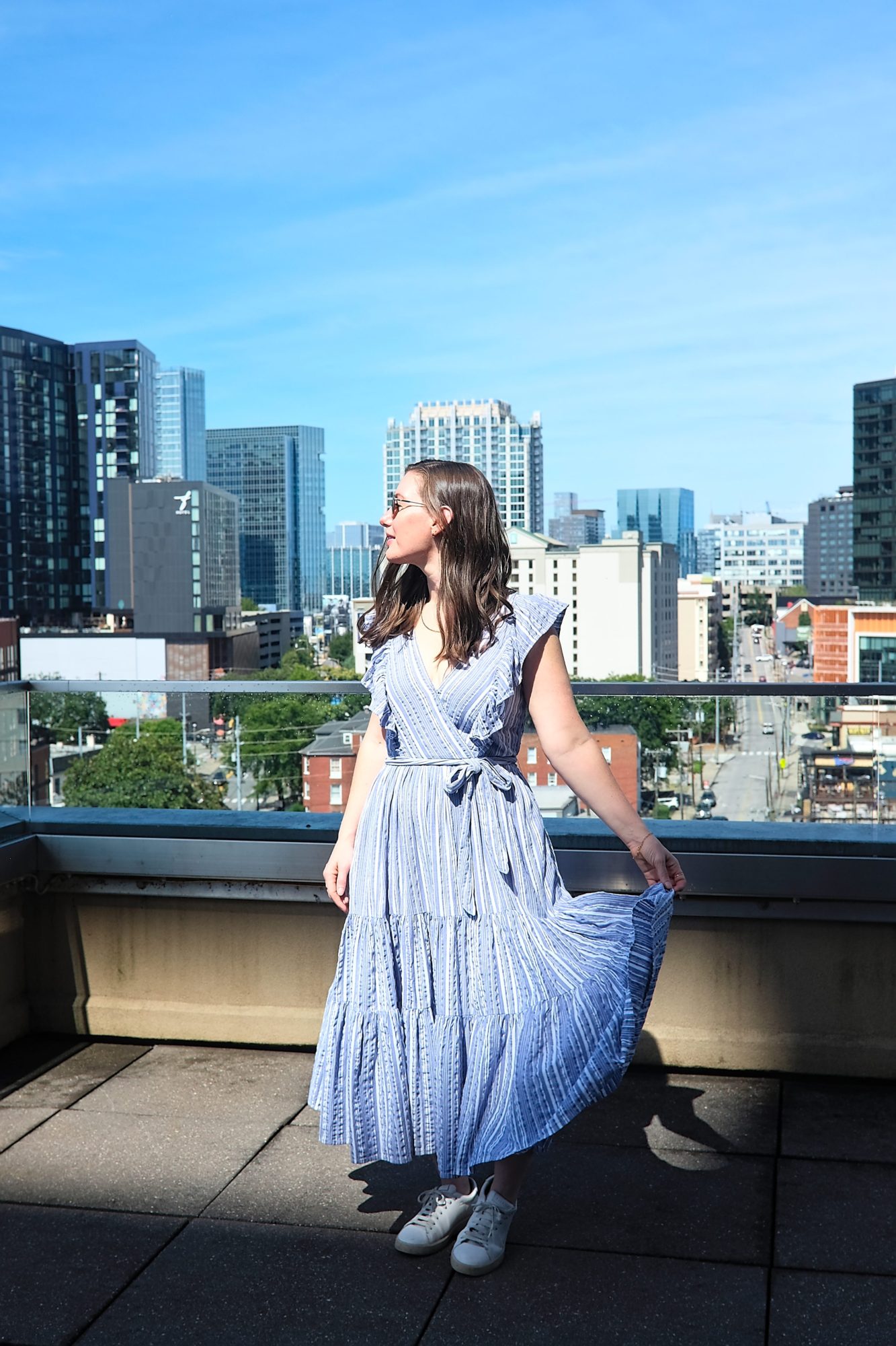 Striped Wrap Dress with Sneakers for Daytime Casual Striped Wrap Dress with Sneakers for Daytime Casual — Nashville Outfits 2027
