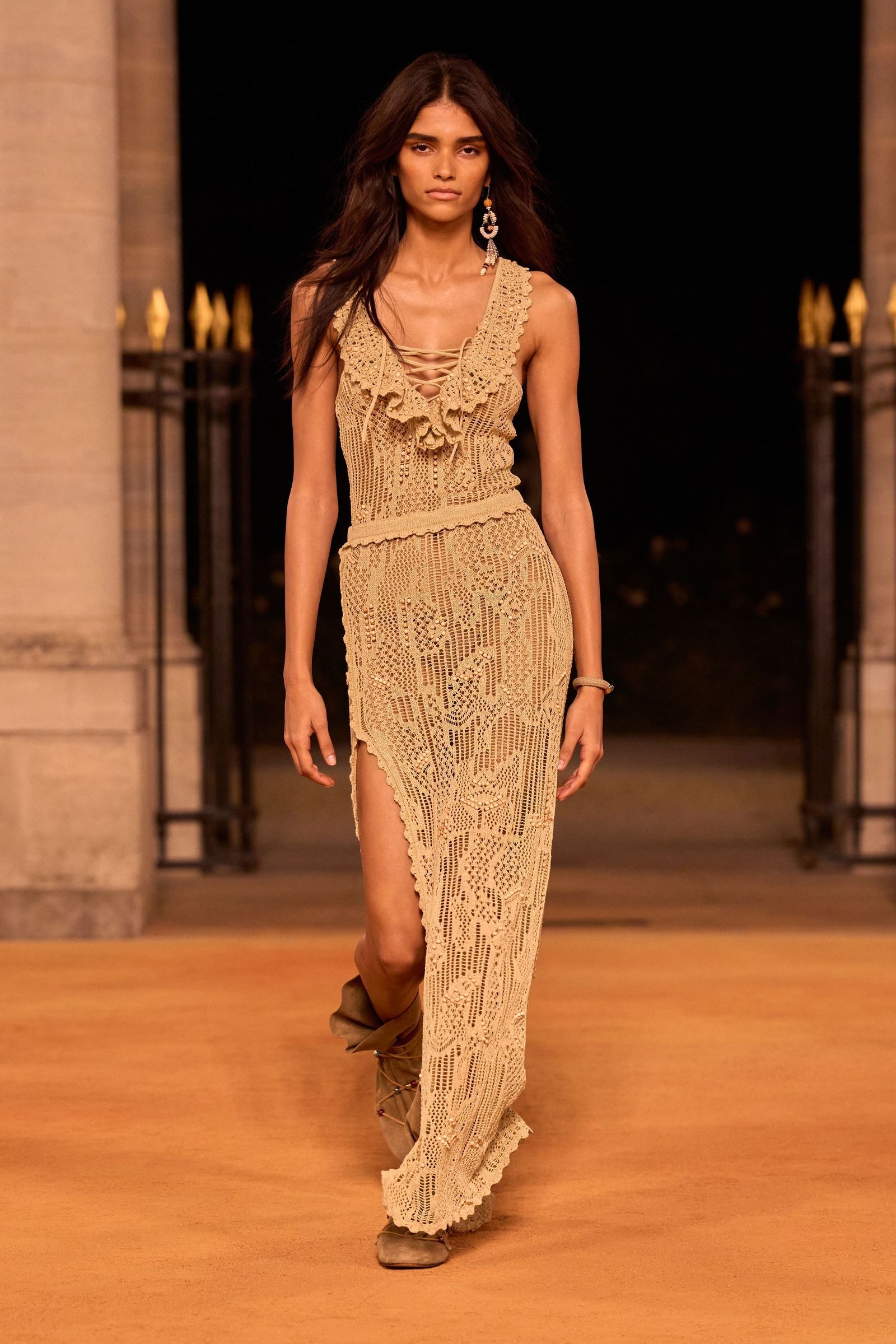 Crocheted Beige Maxi Dress with Lace-Up Neckline for Bohemian Vibes — Vacation Dresses 2027