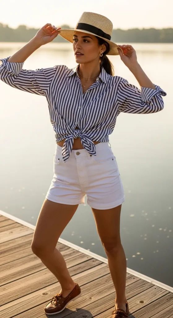 Tied Striped Shirt with White Denim Shorts Tied Striped Shirt with White Denim Shorts — Classic Americana Outfits 2027