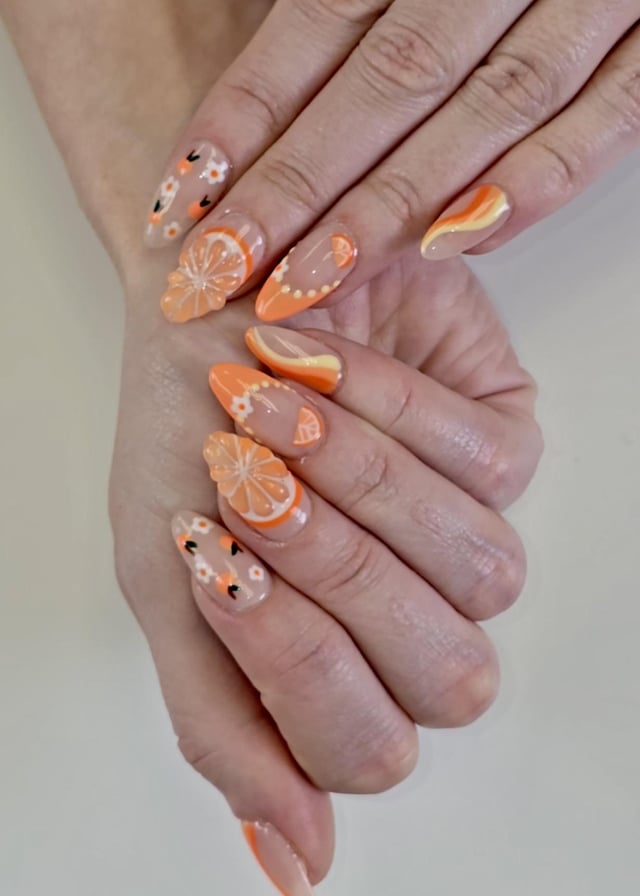 3D Orange Slice Almond Nails — Baby Shower Nails 2027