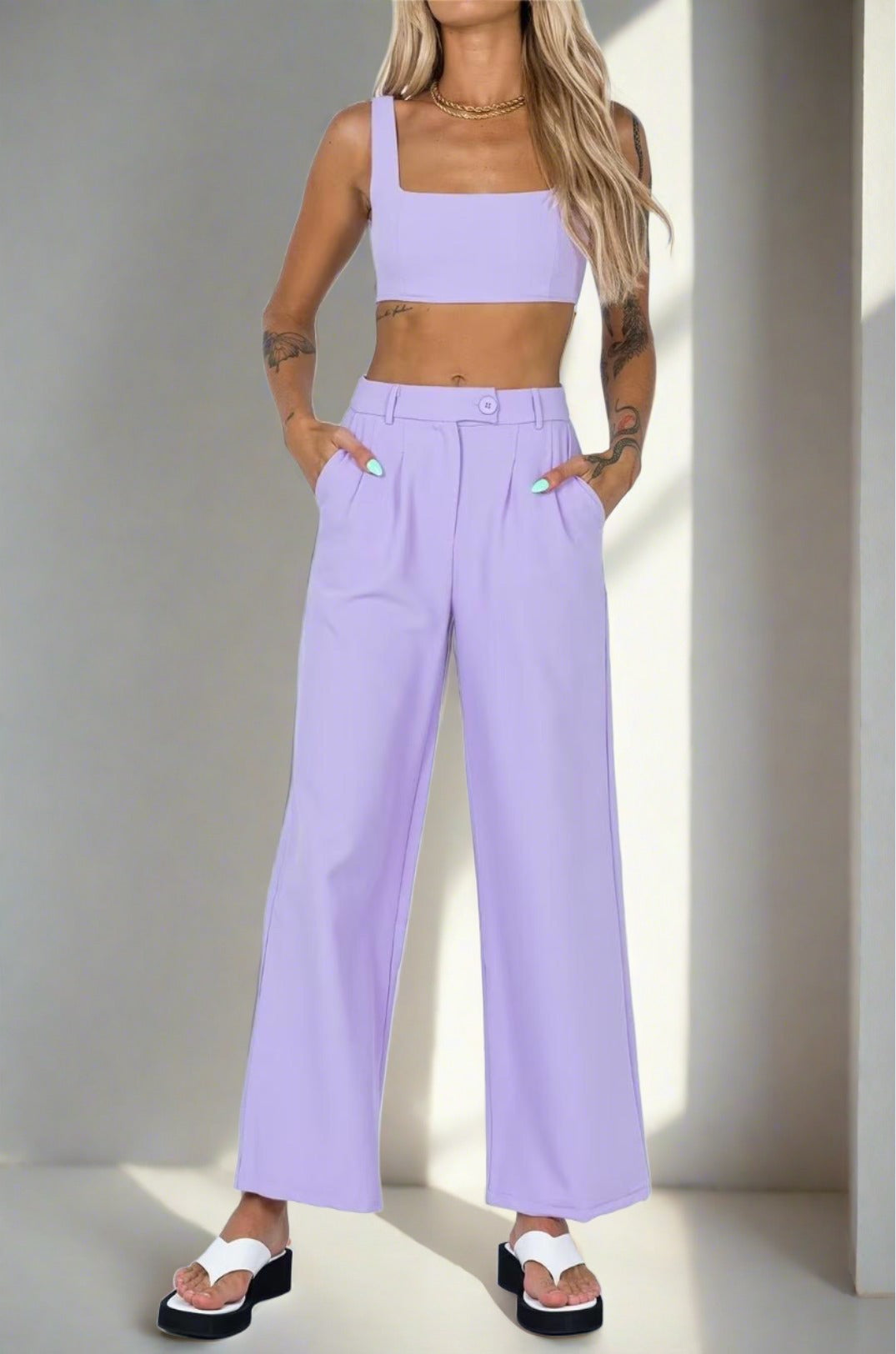 Casual Lilac Crop Top and Wide-Leg Trousers Set Casual Lilac Crop Top and Wide-Leg Trousers Set — Lilac Outfits 2027