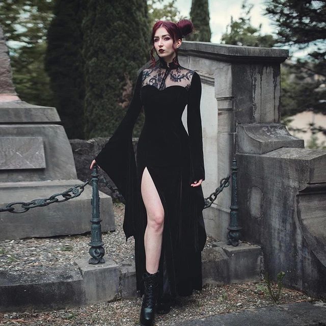 Velvet Bell Sleeve Dress: Gothic Emo Statement Velvet Bell Sleeve Dress: Gothic Emo Statement — Emo Outfits 2027