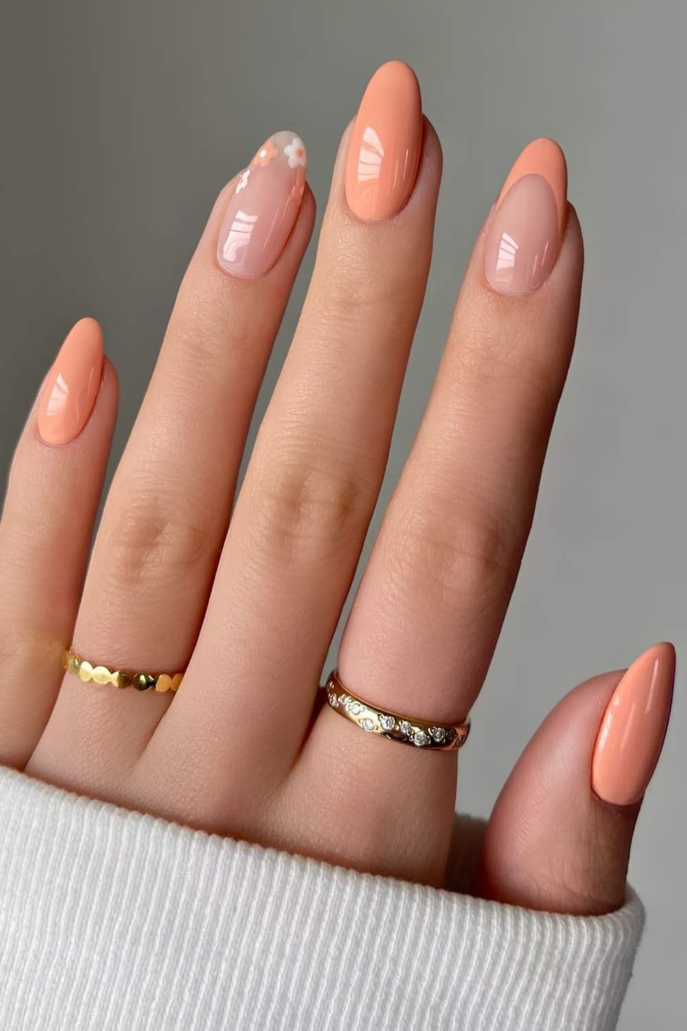 Glossy Peach French with Floral Accent Glossy Peach French with Floral Accent — Peach Round Nails 2027