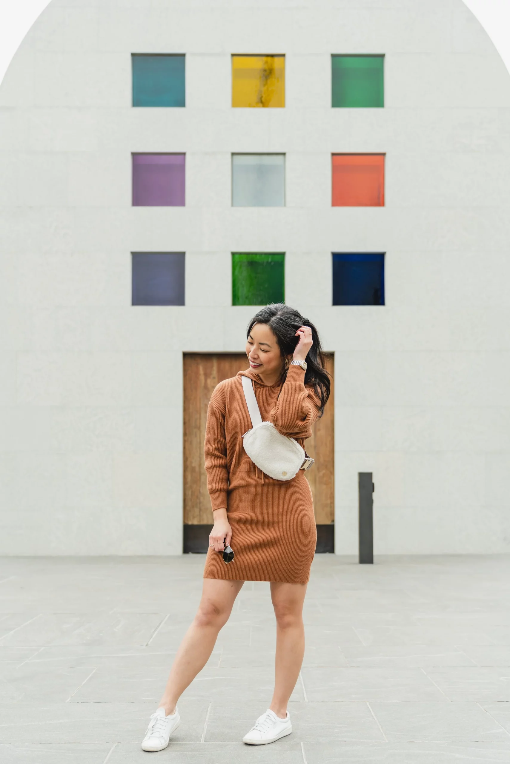 Brown Knit Hoodie Sweater Dress with Sneakers and Crossbody Bag — Sweatshirt Dress 2027