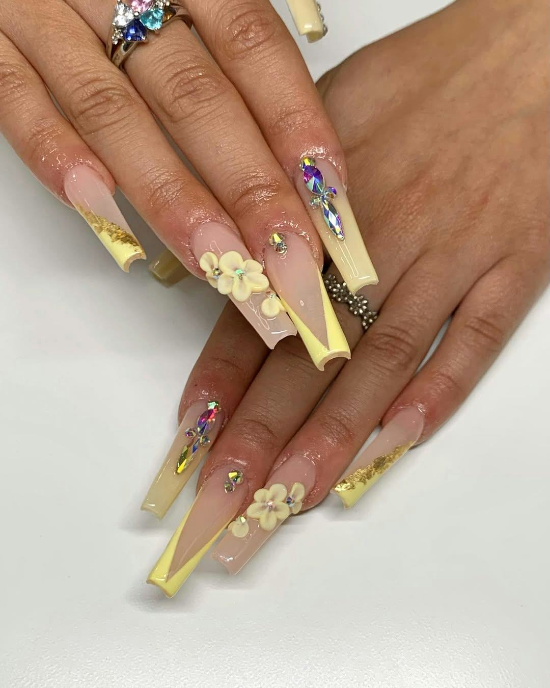 Glossy Iridescent Rhinestones Visual Idea — Yellow Nails 2027