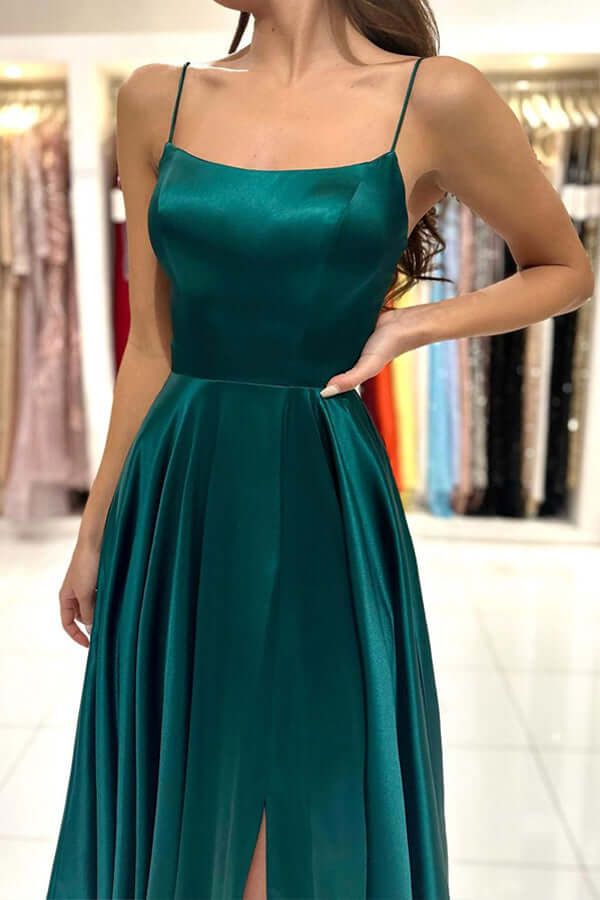 None Visible Emerald Green Satin A-Line Dress with Slit None Visible Emerald Green Satin A-Line Dress with Slit — Junior Prom Outfits 2027