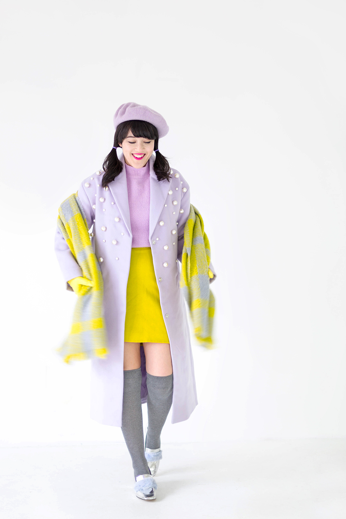 Lavender Coat with Pearl Details and Yellow Skirt Lavender Coat with Pearl Details and Yellow Skirt — Winter Colorful Outfits 2027