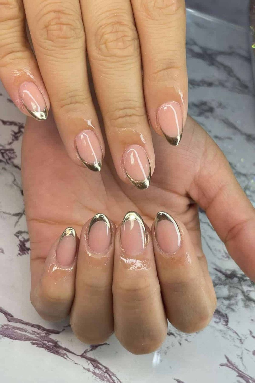 Nude Base with Metallic Gold Line — Short Gold French Tip Nails 2027