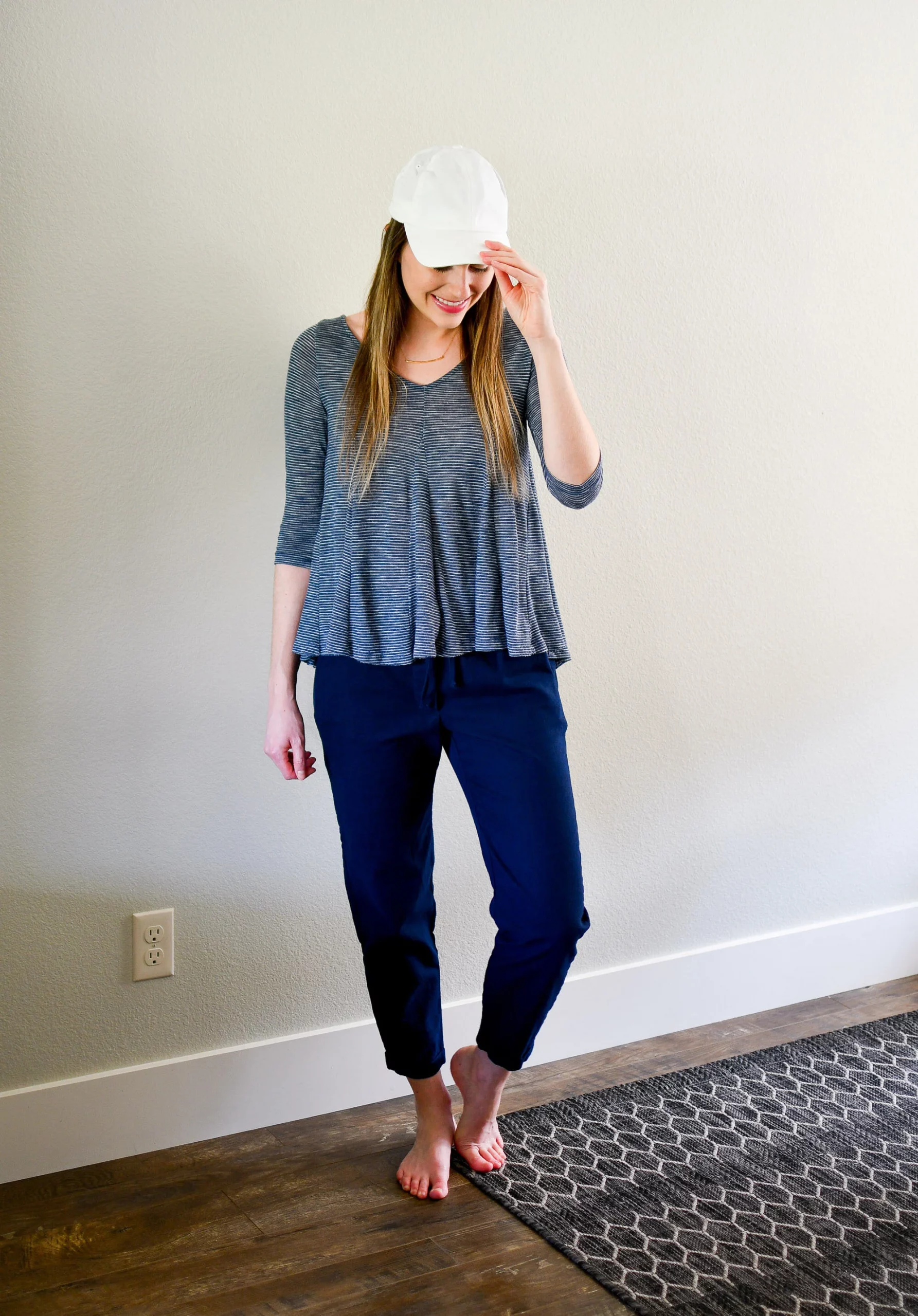Striped 3 4 Sleeve Top Outfit Idea — Navy Blue Linen Pants Outfits 2027