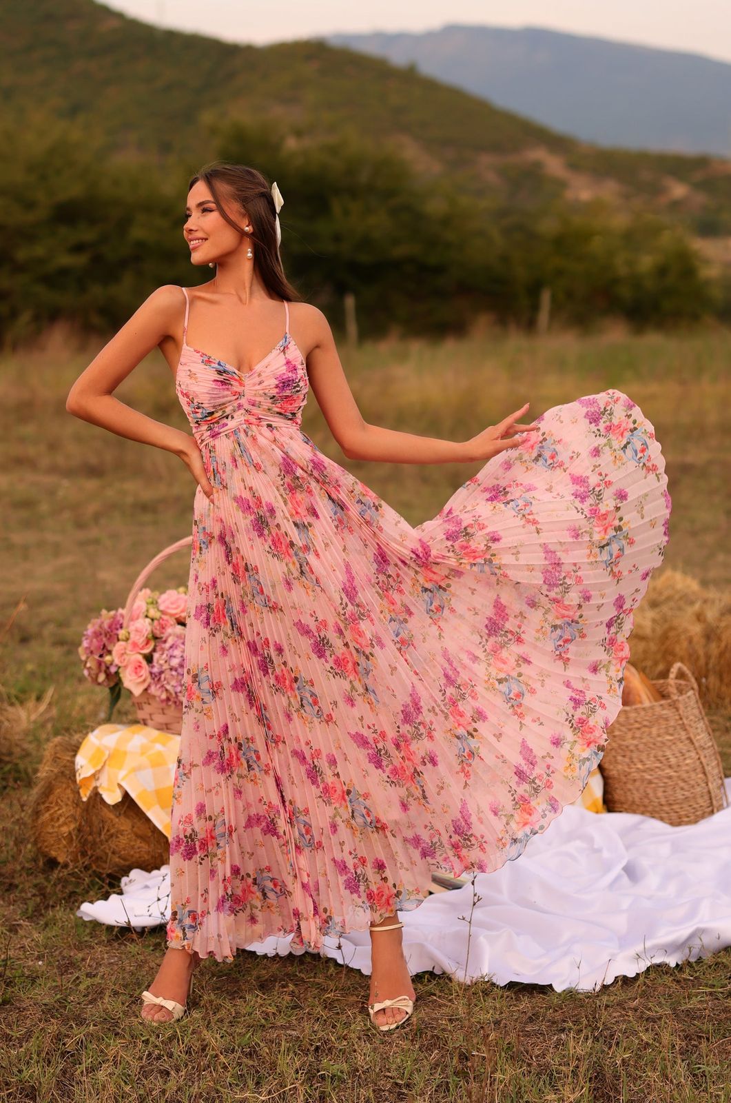 Blush Pink Floral Print Maxi Dress with Pleated Skirt Blush Pink Floral Print Maxi Dress with Pleated Skirt — Blush Rehearsal Dinner Dress 2027