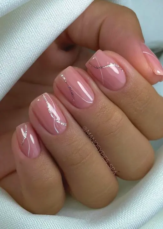 Short Square Dusty Rose with Silver Lines Short Square Dusty Rose with Silver Lines — Wedding Square Nails 2027