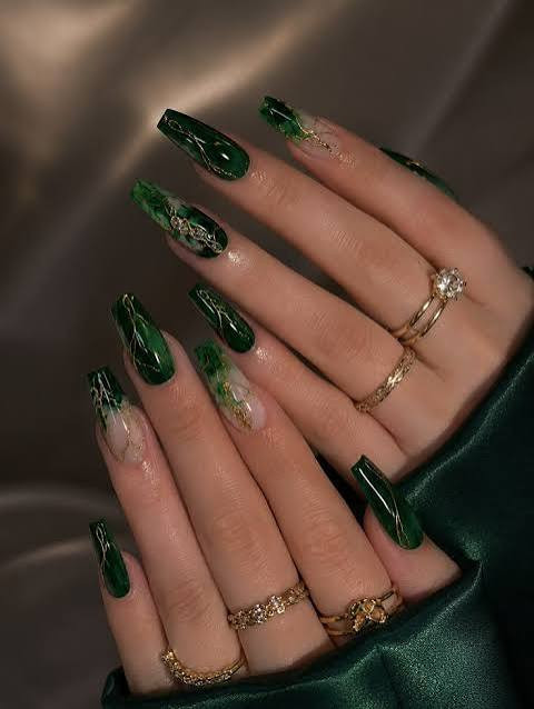 Emerald Coffin Nails with Abstract Swirls and Gold Emerald Coffin Nails with Abstract Swirls and Gold — Emerald Nails 2027