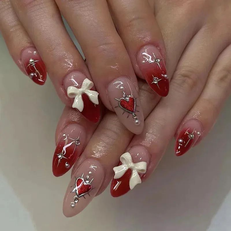 Gradient Nude-to-Red Almond with Pearl Bows Gradient Nude-to-Red Almond with Pearl Bows — Long Bow Nails 2027